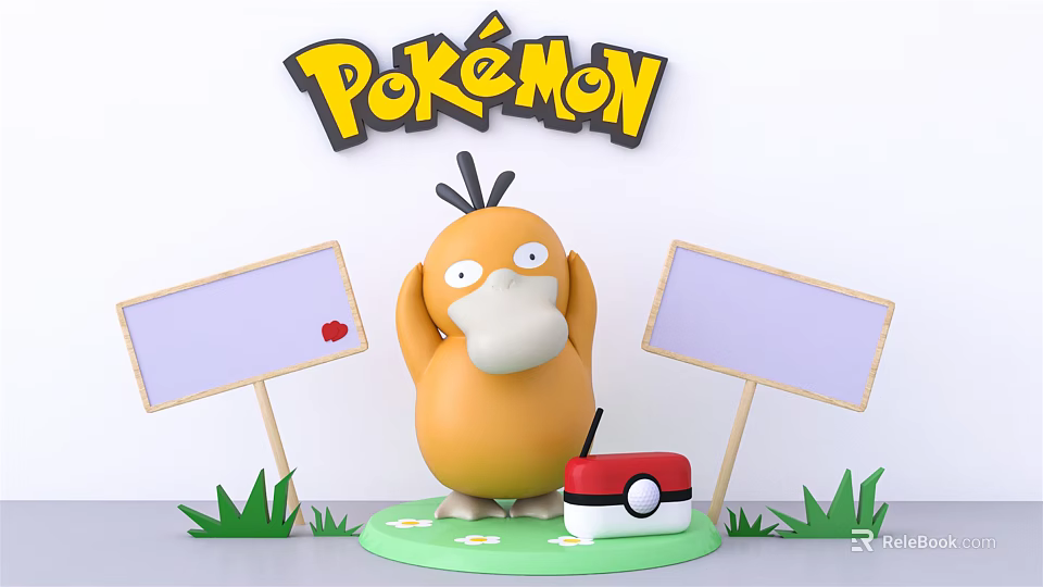 Yellow Pokémon Doll With Two Signboards One Red Heart Poké Ball And Grass 3d model 