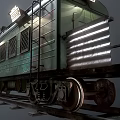 Vintage Green Train Car Featuring Tarpaulin Cover Wooden Crates Barrels And Overhead Lights On Tracks