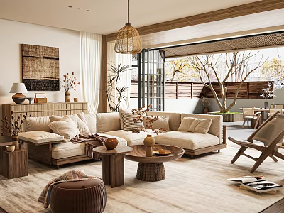 Natural Style Living Room With L Shaped Sofa Woven Pendant Light And Wooden Accents 3d model