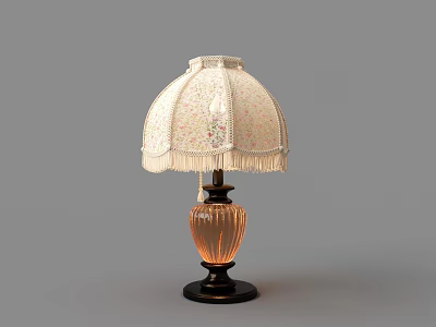 Vintage Table Lamp With Floral Pattern Shade Tassel Trim And Brown Striped Base 3d model
