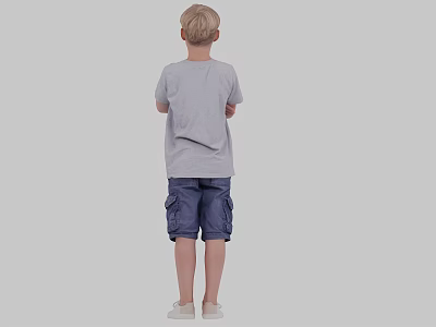 Man Wearing Grey T Shirt And Blue Cargo Shorts Standing Against Grey Background 3d model