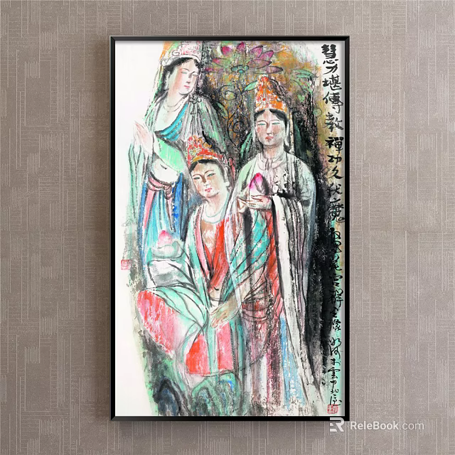 Traditional Chinese Figure Painting Featuring Three Figures In Ancient Colorful Costumes With Lotus And Calligraphy 3d model 