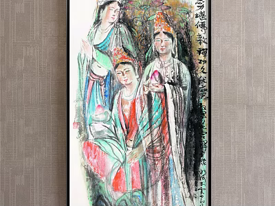 Traditional Chinese Figure Painting Featuring Three Figures In Ancient Colorful Costumes With Lotus And Calligraphy 3d model