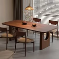 Modern Wooden Dining Table Set With Four Chairs Beige Seats Vase And Pendant Lamp
