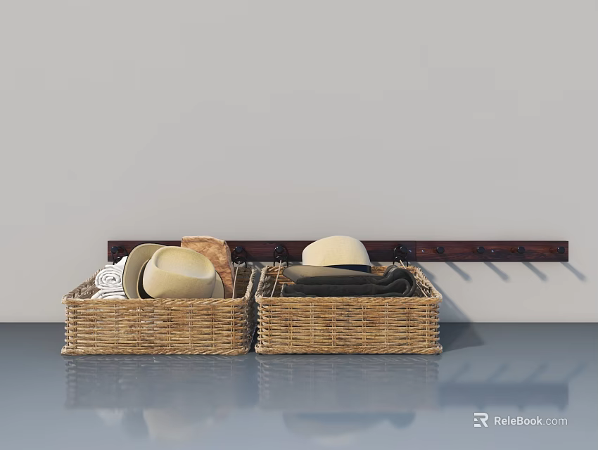 Swing Door Design with Woven Baskets Hats and Wall Hook Rail 3d model 