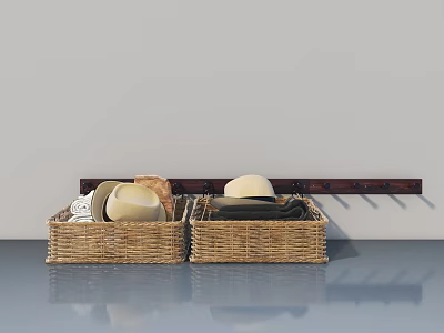 Swing Door Design with Woven Baskets Hats and Wall Hook Rail 3d model