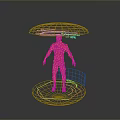 Red Wireframe Humanoid Character With Overhead Umbrella Structure And Circular Platform 3d model