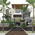 Modern Detached Villa Exterior With Palm Trees Brick Driveway Garage And Greenery