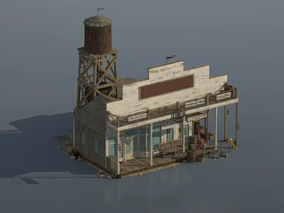 Rustic Western Style Wooden Building With Water Tower Porch And Sign 3d model