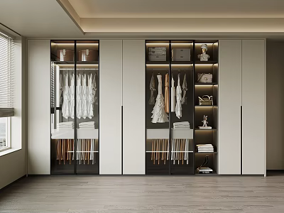 Modern Wardrobe With Glass Doors Hanging Clothes And Storage Shelves Interior Design 3d model