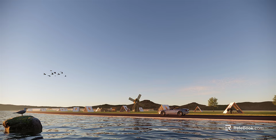 Garden Landscape With Windmill Tents Car And Flying Birds By Water Surface Under Blue Sky 3d model 