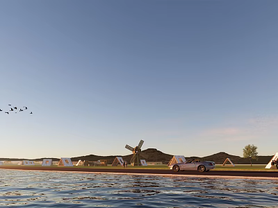 Garden Landscape With Windmill Tents Car And Flying Birds By Water Surface Under Blue Sky 3d model