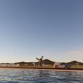 Garden Landscape With Windmill Tents Car And Flying Birds By Water Surface Under Blue Sky