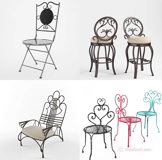 Ornate Wrought Iron Leisure Chairs And Stools With Various Designs And Seat Cushions 3d model 