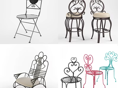 Ornate Wrought Iron Leisure Chairs And Stools With Various Designs And Seat Cushions 3d model