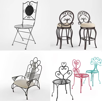 Ornate Wrought Iron Leisure Chairs And Stools With Various Designs And Seat Cushions 3d model