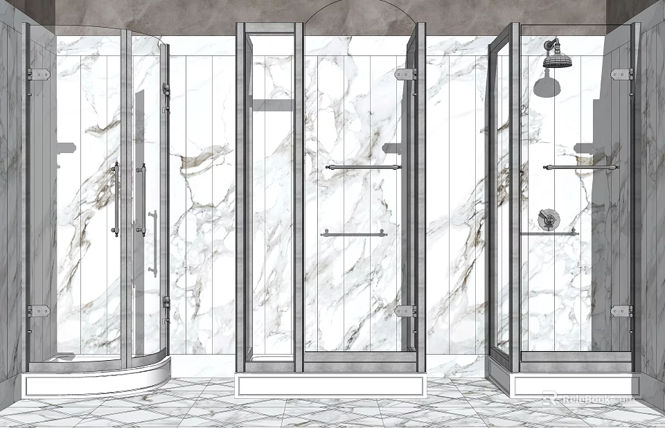 Modern Shower Sauna Interior With Glass Doors Marble Walls Shelves And Showerheads 3d model 