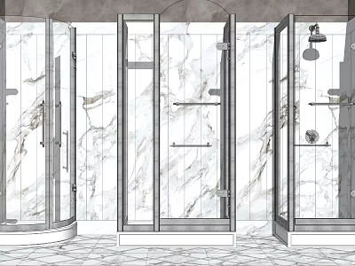 Modern Shower Sauna Interior With Glass Doors Marble Walls Shelves And Showerheads 3d model