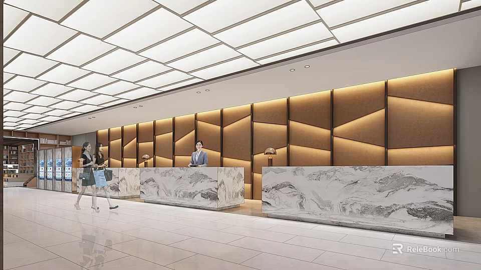 Front Desk Reception in Modern Lobby With Marble Countertop Geometric Pattern Wall And Ceiling Lights 3d model 