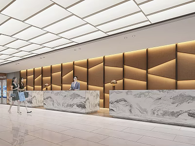 Front Desk Reception in Modern Lobby With Marble Countertop Geometric Pattern Wall And Ceiling Lights 3d model