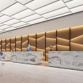 Front Desk Reception in Modern Lobby With Marble Countertop Geometric Pattern Wall And Ceiling Lights