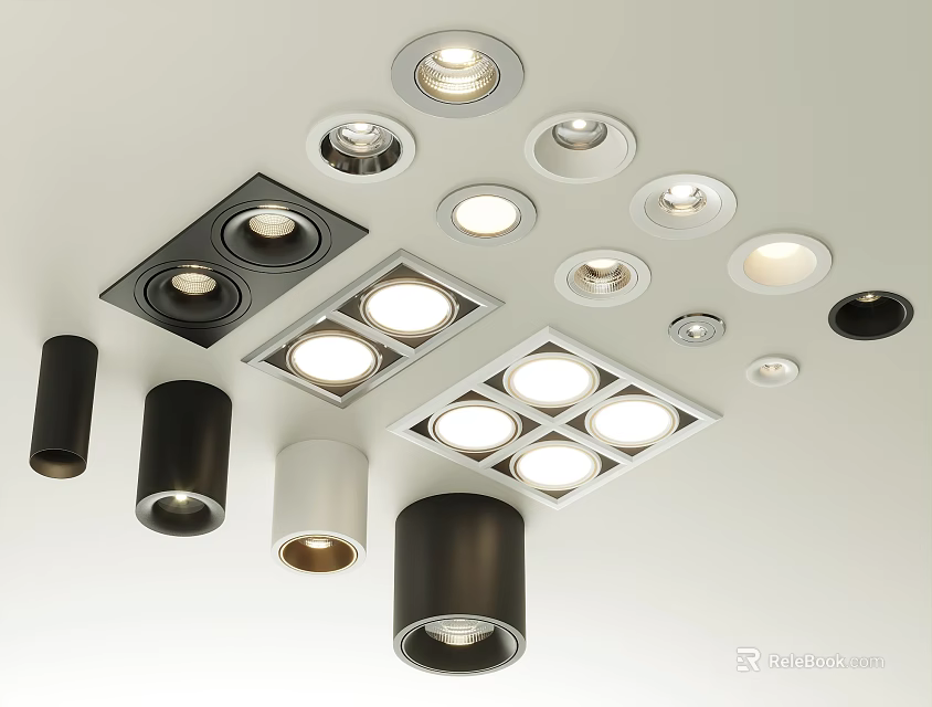 Modern Downlights and Spotlights with Various Designs and Sizes for Ceiling Installation 3d model