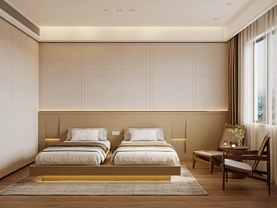 Modern Hotel Guest Room With Twin Beds Beige Wooden Accent Wall Window Chair And Lighting 3d model