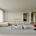 Modern Open Living Dining Area White Interior With Orange Chair Sofa Coffee Table TV Blinds