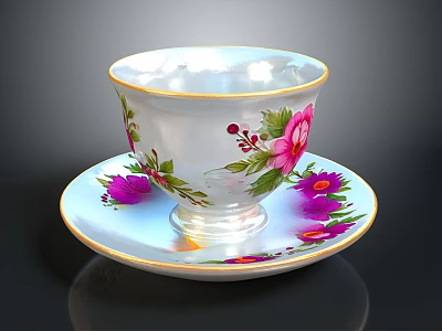 Porcelain Teacup and Saucer with Colorful Floral Patterns and Gold Rim 3d model