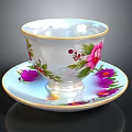 Porcelain Teacup and Saucer with Colorful Floral Patterns and Gold Rim