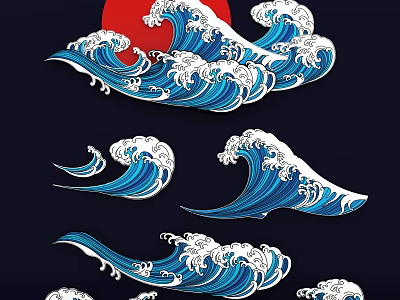 Blue And White Wave Pattern Wall Decor With Red Sun Circle On Black Background 3d model