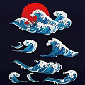 Blue And White Wave Pattern Wall Decor With Red Sun Circle On Black Background 3d model
