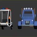 Cartoon Style Vehicles Display Blue Truck White Tricycle With Police Lights And Reflective Surface