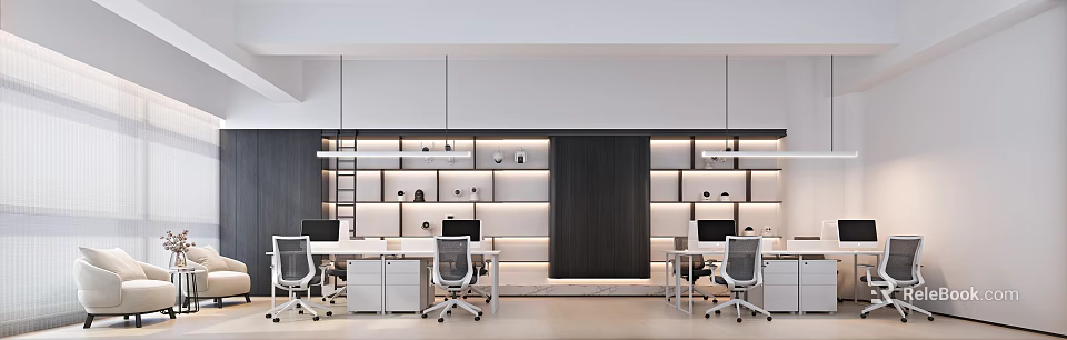 Modern Office Interior Design With Desks Chairs Bookshelves And Recessed Lighting 3d model 