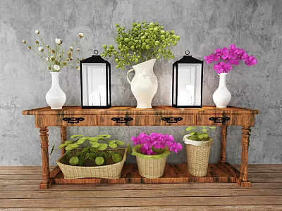 White Vases with Green Purple Flowers on Carved Wooden Table with Decorative Lanterns and Baskets 3d model