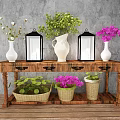 White Vases with Green Purple Flowers on Carved Wooden Table with Decorative Lanterns and Baskets