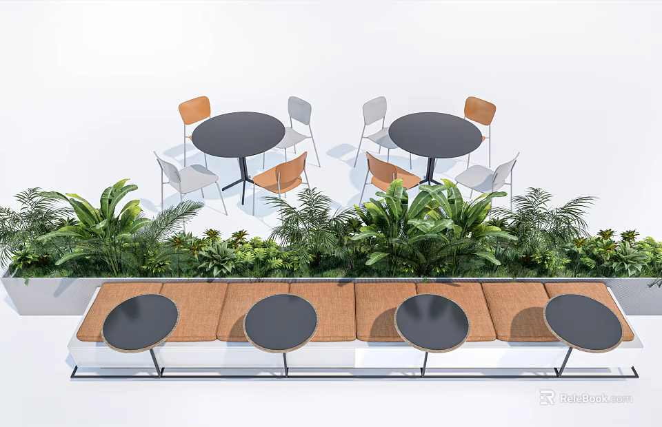 Bonsai Plants Decor Outdoor Terrace with Round Tables Chairs and Wooden Flooring 3d model 