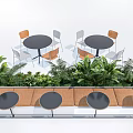 Bonsai Plants Decor Outdoor Terrace with Round Tables Chairs and Wooden Flooring
