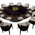 Elegant Round Dining Table and Upholstered Chairs Set With Tableware and Centerpiece Plant 3d model