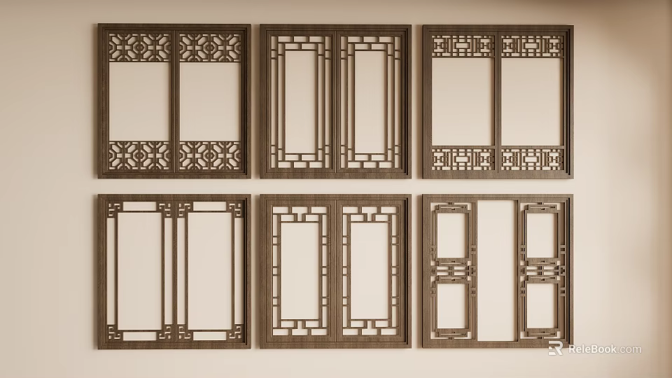 Traditional Chinese Wooden Carved Window Panels With Intricate Lattice Patterns And Classic Design 3d model 