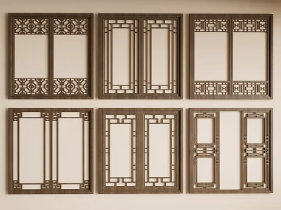 Traditional Chinese Wooden Carved Window Panels With Intricate Lattice Patterns And Classic Design 3d model