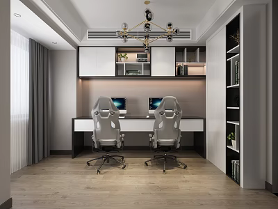 Modern Home Office Desk Interior With Ergonomic Chairs Dual Monitors And Bookshelves 3d model