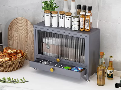 Gray Kitchen Countertop Storage Cabinet With Spice Jars Green Plant Open Drawer And Bread Basket 3d model