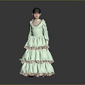 Young Girl In Light Green Layered Dress With Lace Collar Standing On Gray Background