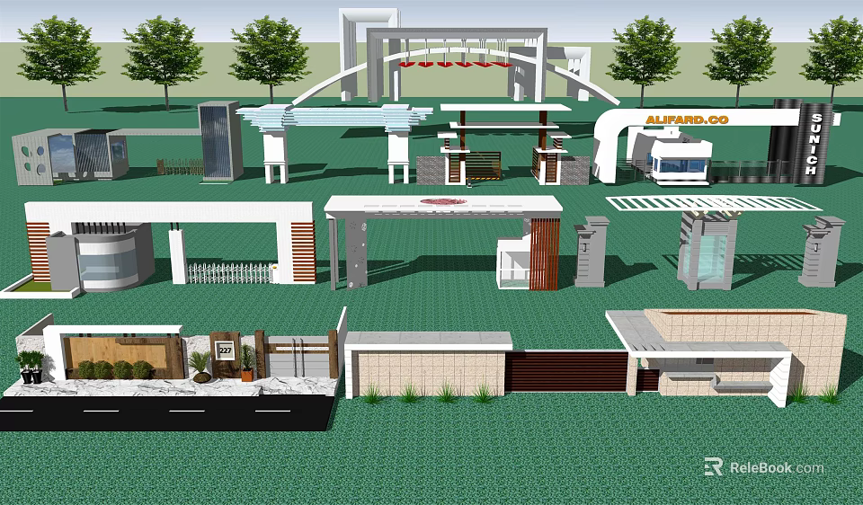 Various Modern Entrance Gate Designs With Metal Frames Glass Panels And Green Landscaping 3d model 
