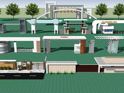Various Modern Entrance Gate Designs With Metal Frames Glass Panels And Green Landscaping 3d model