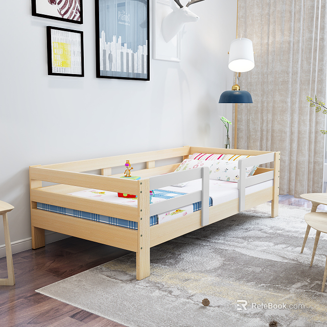 Light Wood Children's Bed with Safety Guard Rails Colorful Bedding and Side Table in Kids Room 3d model 