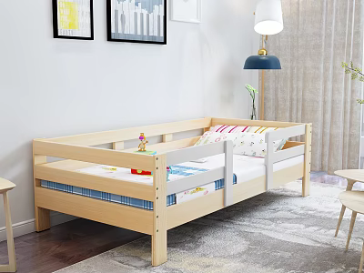 Light Wood Children's Bed with Safety Guard Rails Colorful Bedding and Side Table in Kids Room 3d model
