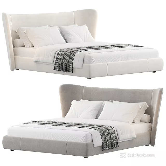 Modern Double Bed With Upholstered Headboard Light Color Striped Blanket And Decorative Pillows 3d model 