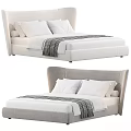 Modern Double Bed With Upholstered Headboard Light Color Striped Blanket And Decorative Pillows